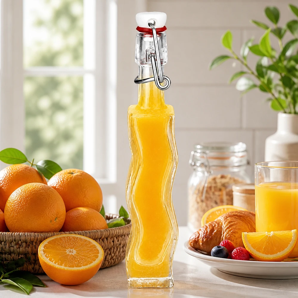 40 ml Glasflaska Fila med PVC-klämförslutning UNiTWIST® 40 ml Anna-glasflaska med orangefärgad fyllning bredvid färska apelsiner och croissanter i en solig köksscen