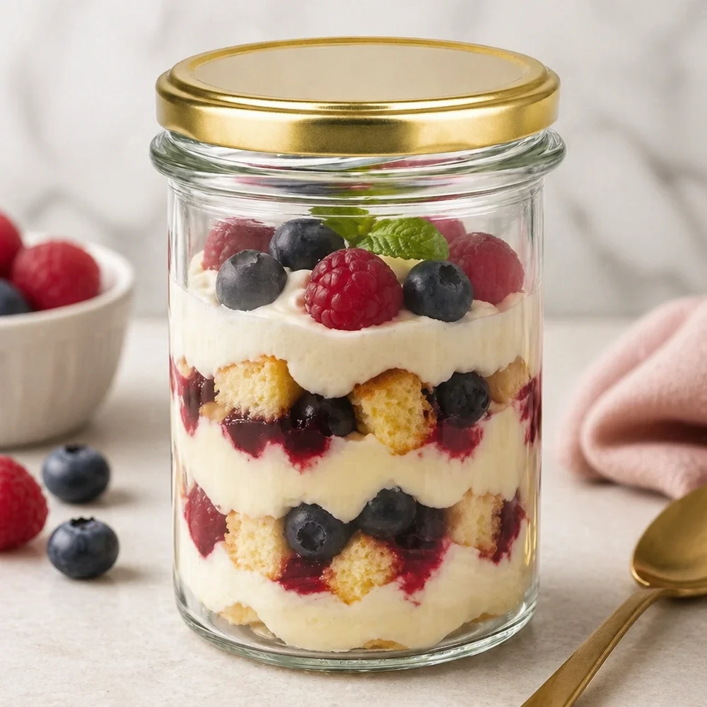 Glas 230 ml med lock BasicSeal guld UNiTWIST 230 ml BasicSeal UNiTWIST-glas i guld fyllda med skiktad dessertbärkräm som dessertglas