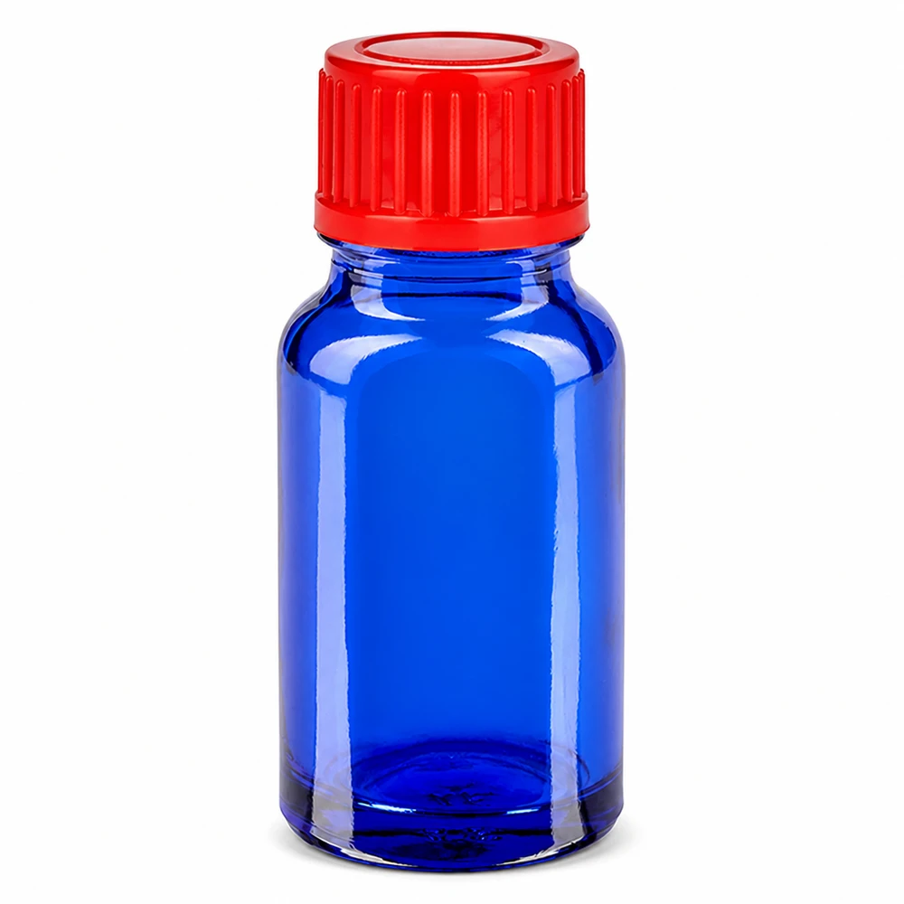 10ml flaska 11mm skruvkork röd standard BlueLine UT18/10 Blå 10 ml glasflaska med rött skruvlock för laboratoriebruk och kemikalier