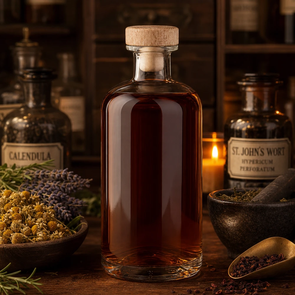 500 ml Apoteksflaska Flora med kork med trähandtag UNiTWIST® 500ml glasflaska Flora med träkork brun tinktur mellan örter Calendula St Johnswort Apothecary ambience