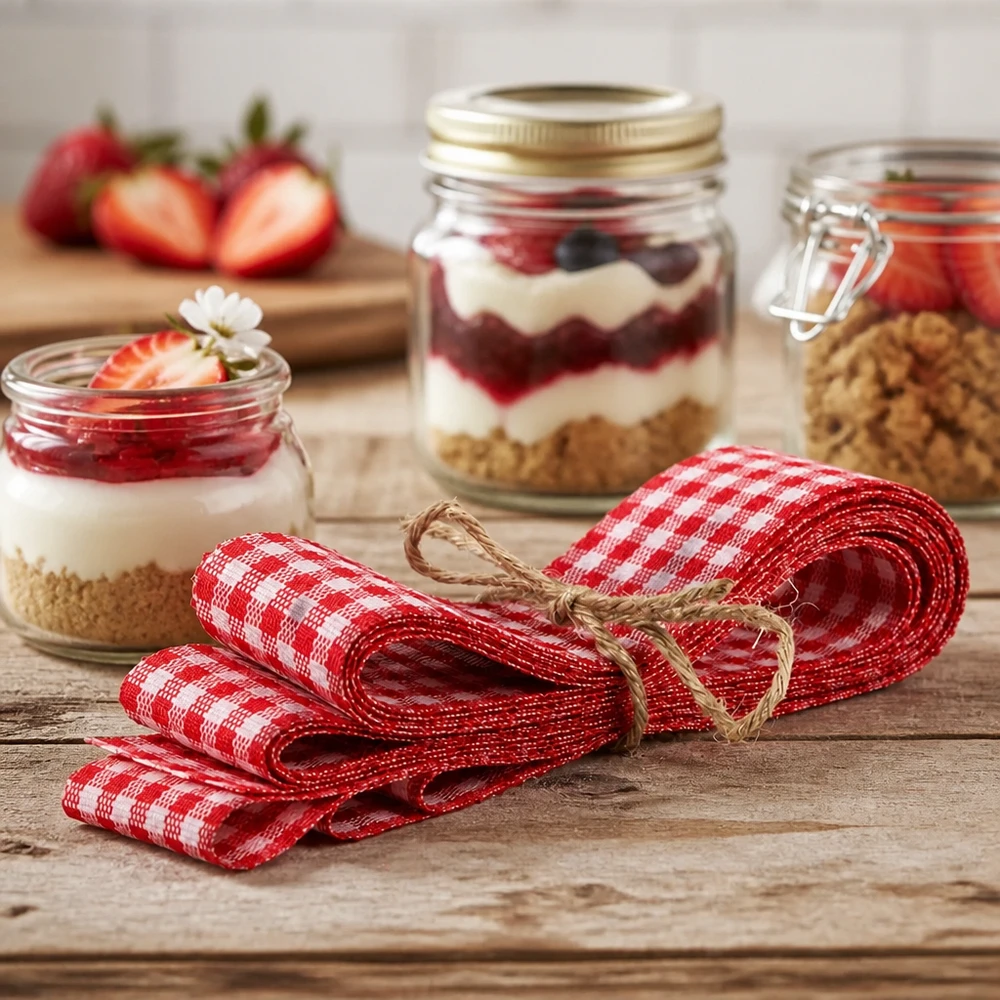 Röd- och vitrutigt tygband 300 cm med jutesnodd bredvid hemlagade desserter i ett glas på en träbakgrund