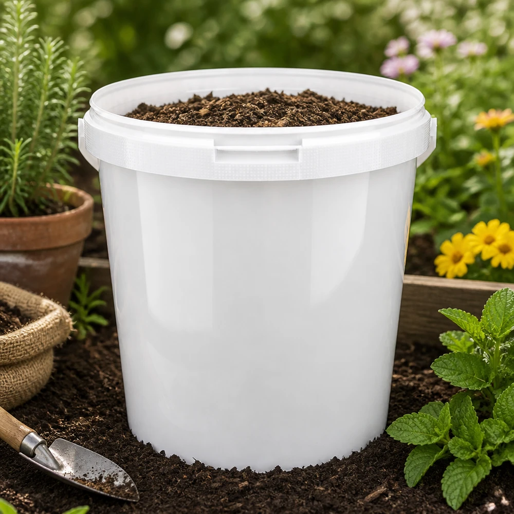 Hink i vit polypropenplast 10,7L utan lock Vit PP-hink på 10,7 liter, fylld med jord, används i trädgården utan lock