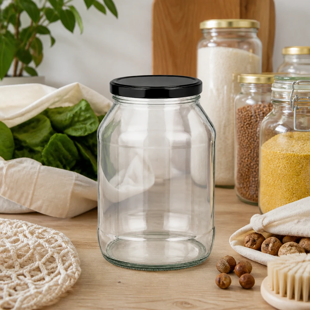 2650ml rund burk med BasicSeal-lock svart UNiTWIST Leeres 2650ml Rundglas mit schwarzem Deckel auf Holztisch mit Nüssen Getreide und nachhaltigen Küchenutensilien