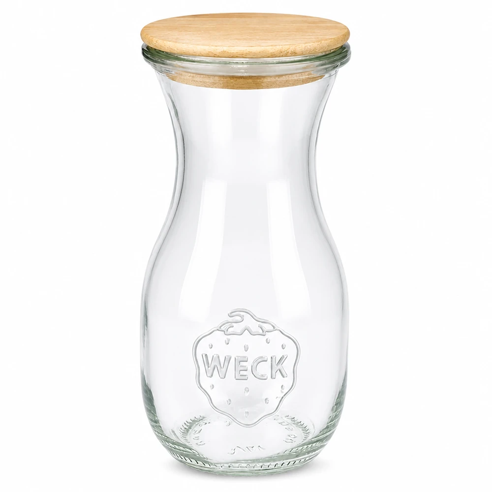 WECK juiceflaska 290 ml av glas med trälock och präglad logotyp på vit bakgrund