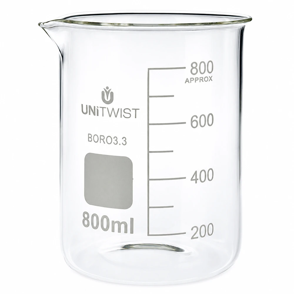 800 ml bägare i borosilikatglas, låg form med måttskala från UNiTWIST