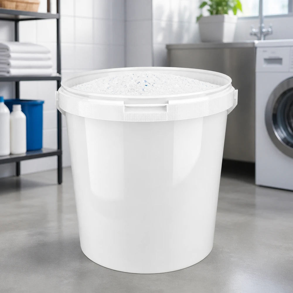 Hink i vit polypropenplast 10,7L utan lock Rund vit PP-hink på 10,7 liter utan lock för tvättmedel och rengöringsmedel
