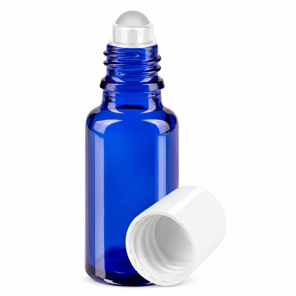 Apoteksflaska blå 20ml roll-on lock vit 20 ml blå roll-on-flaska av apoteksglas med vit kork och rullkula