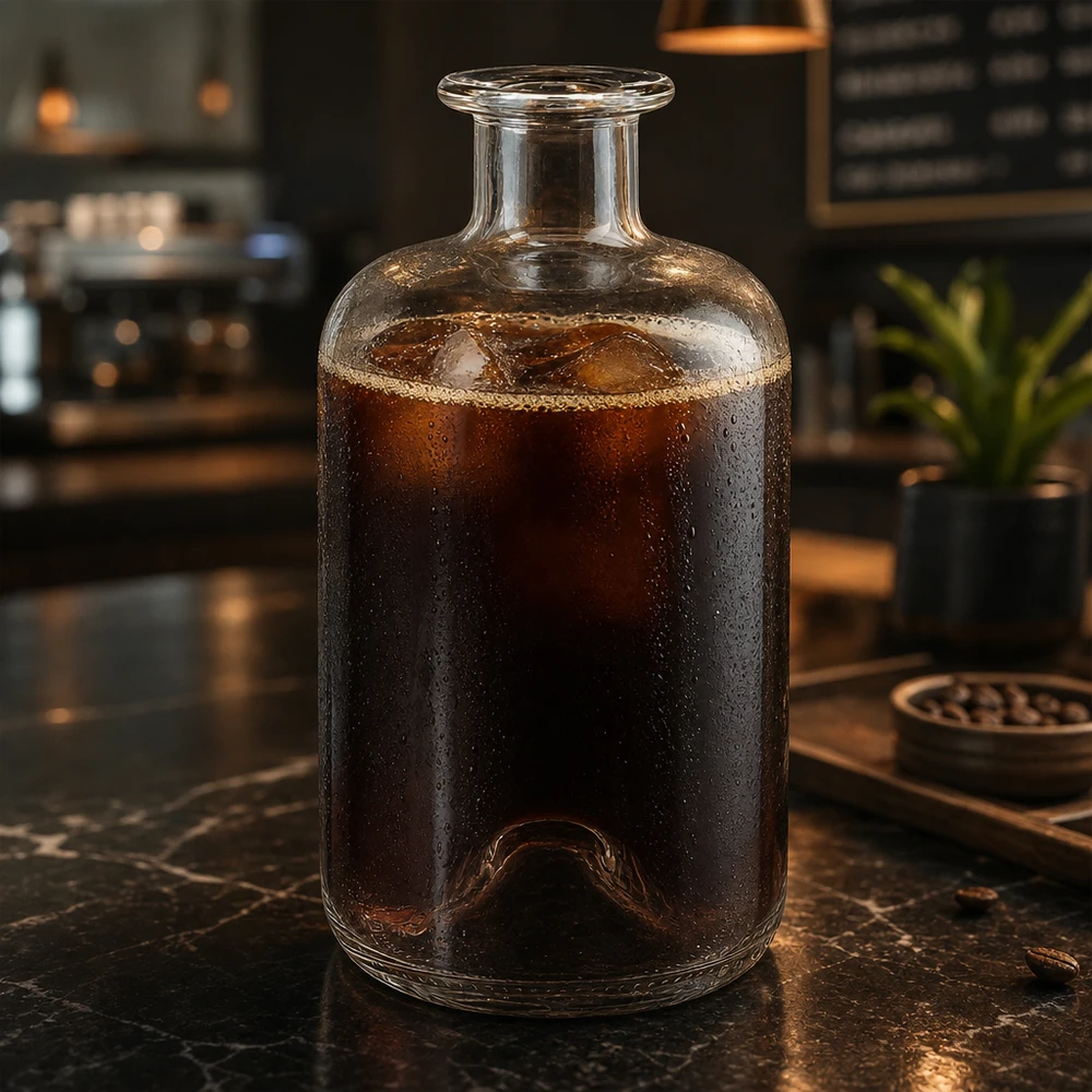 500 ml apoteksflaska 500ml Glasflasche "Luna" ohne Verschluss UNiTWIST500ml Glasflasche "Luna" ohne Verschluss UNiTWIST utan lock UNiTWIST® Apoteksflaska Luna 500ml fylld med kallbryggt kaffe på ett marmorbord i en modern caféatmosfär