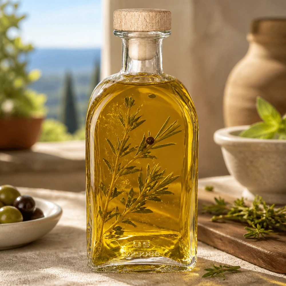 500 ml apoteksflaska Julia med kork med trähandtag UNiTWIST® 500ml Glasflasche Julia mit Holzkorken gefüllt mit Kräuteröl mediterranes Ambiente Olivenöl Gewürzöl Dekoration