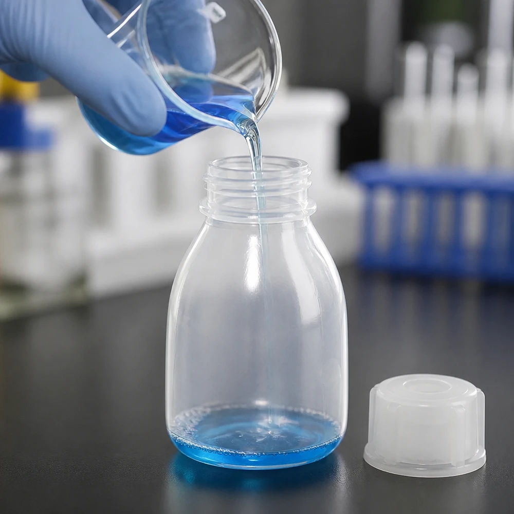 10ml skruvflaska, laboratorieflaska med smal hals Den blå vätskan hälls i en genomskinlig 10 ml-skruvflaska med smal hals