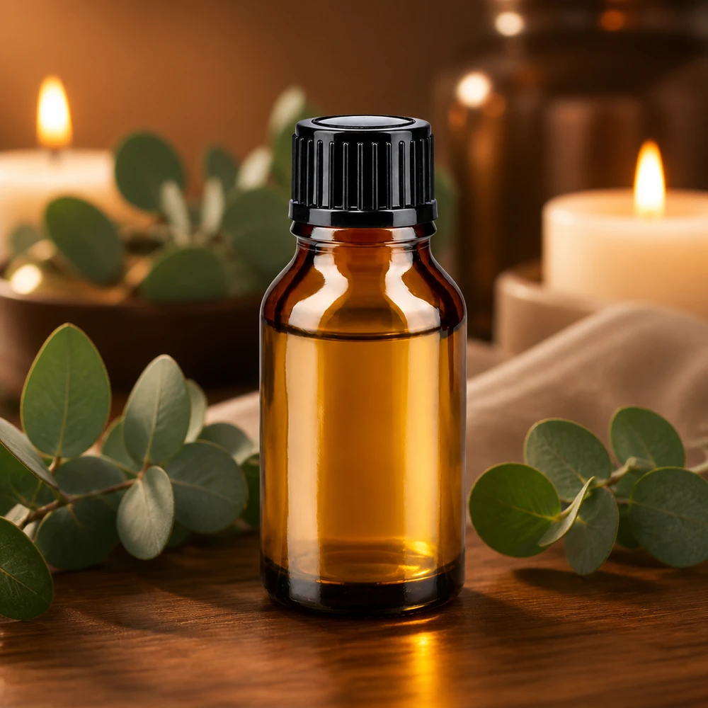 Apoteksflaska brun 15ml skruvkork svart standard Liten apoteksflaska, 15 ml, brun med svart lock, framför ljus och eukalyptus