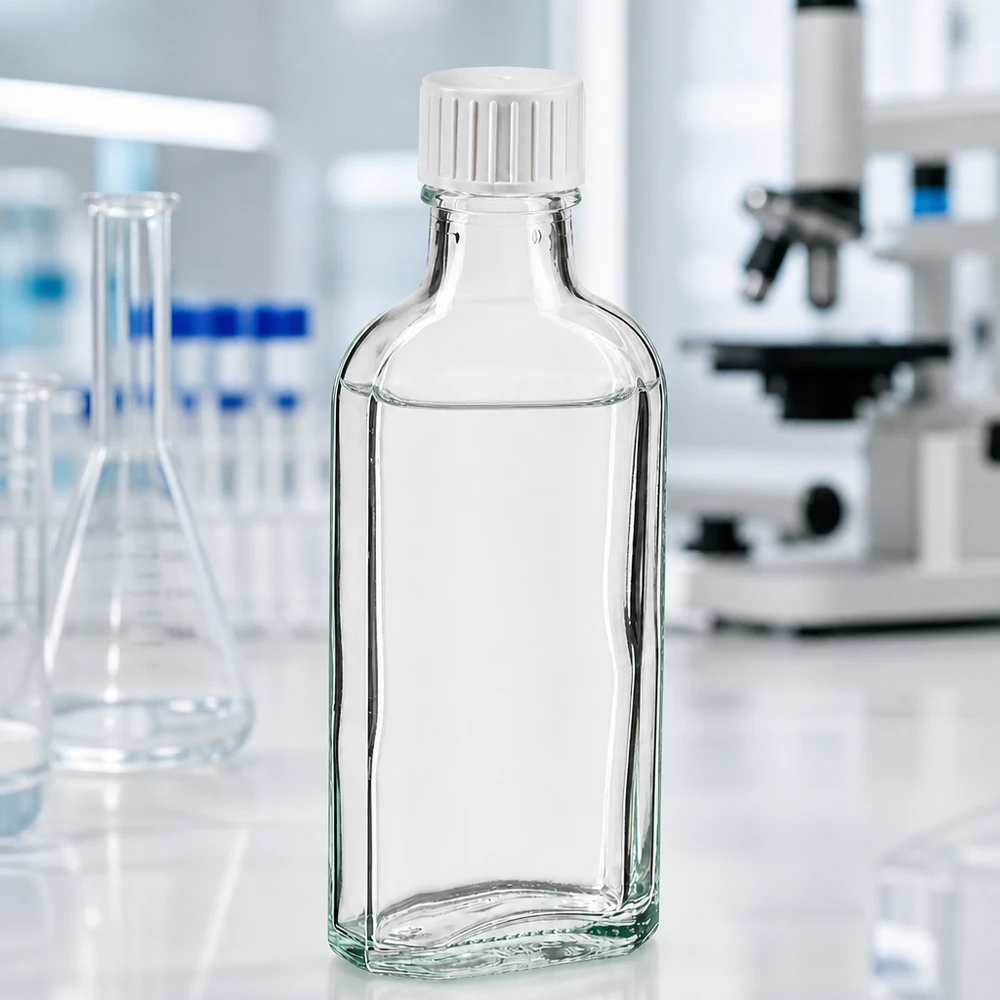 Genomskinlig glasflaska på 100 ml med vitt skruvlock och hällring i laboratoriet