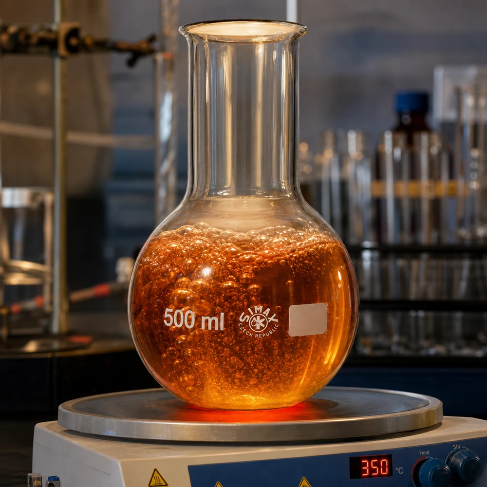 Höftkolv 500ml bred hals 500 ml vertikal kolv på värmeplatta vid 350°C för destillations- och uppvärmningsprocesser i laboratoriet