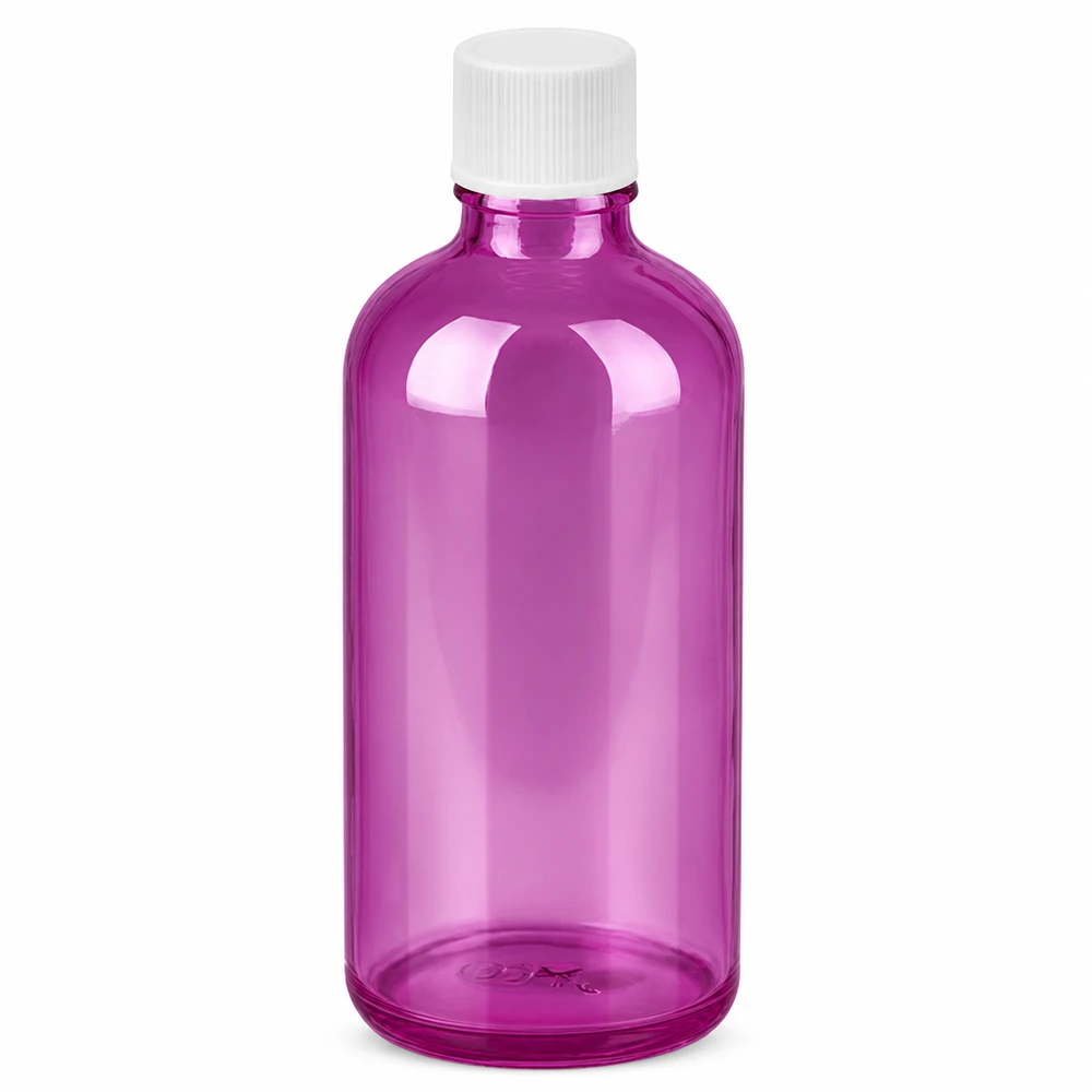 100ml flaska 11mm skruvkork vit standard PurpleLine UT18/100 100ml glasflaska i lila med vitt 11mm skruvlock för kosmetika och läkemedel