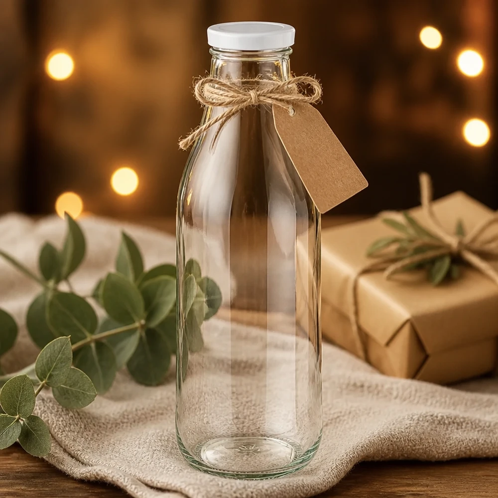 1000 ml glasflaska BasicSeal lock vit presentförpackning jutepåse eukalyptus dekoration varmt ljus rustik presentation