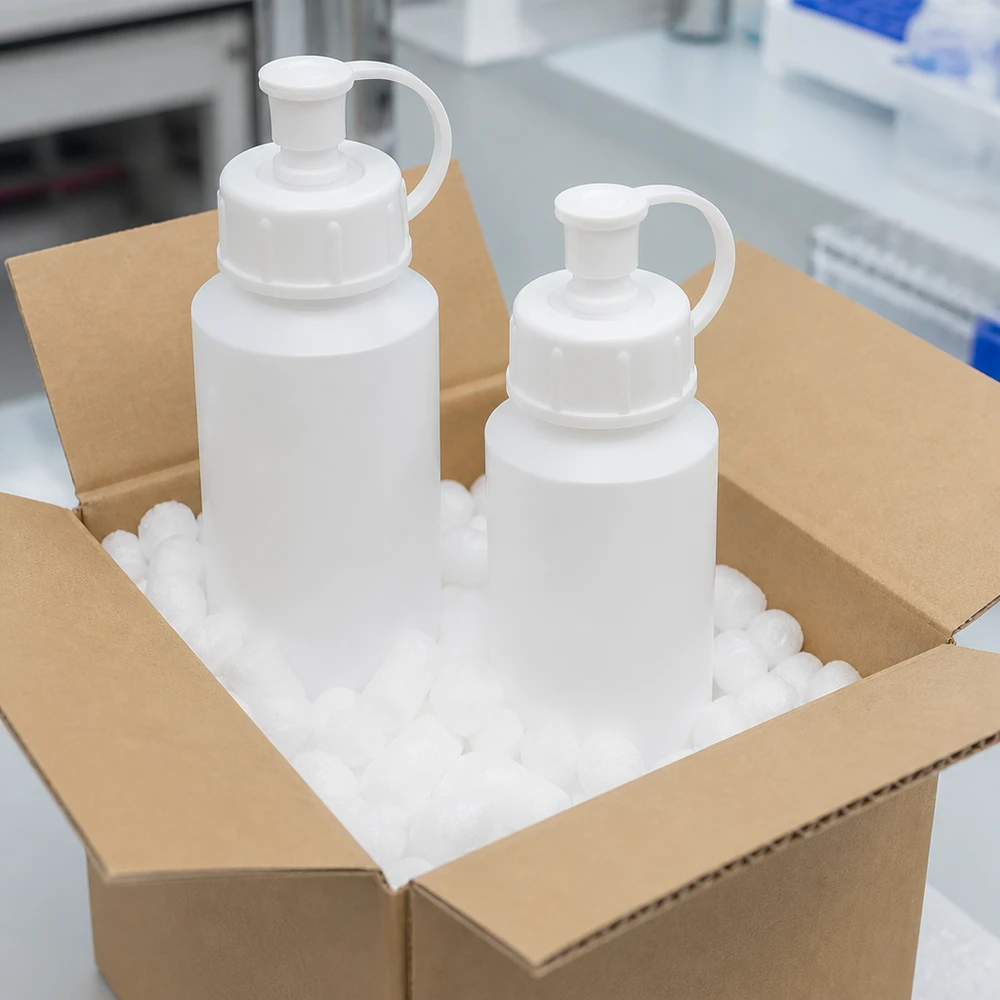 Apoteksflaska HDPE 30ml vit med spraylock Två vita HDPE-apotekflaskor med sprutlock, säkert förpackade i kartong med styrofoamchips
