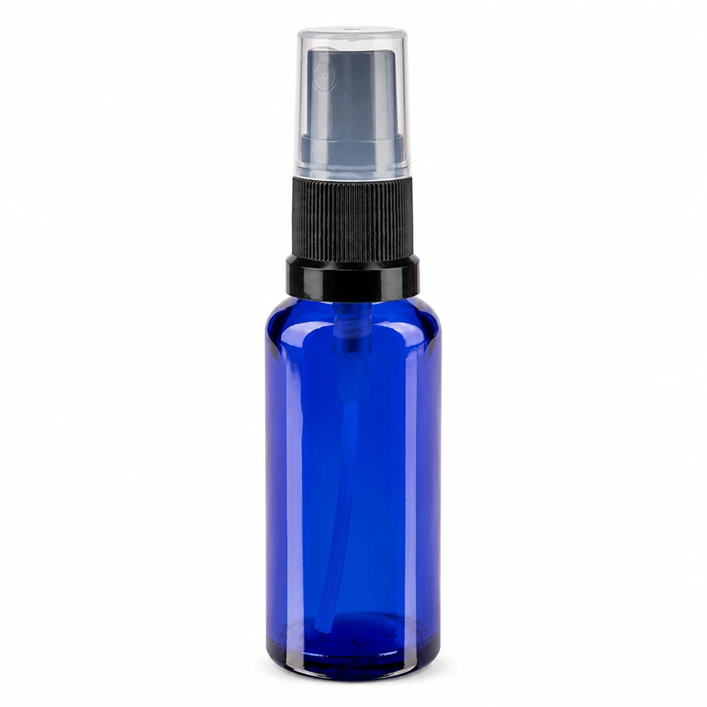 Apoteksflaska blå 30ml spray topp svart 30 ml blå glasflaska med svart spruthuvud och genomskinligt skyddslock för apoteksbruk