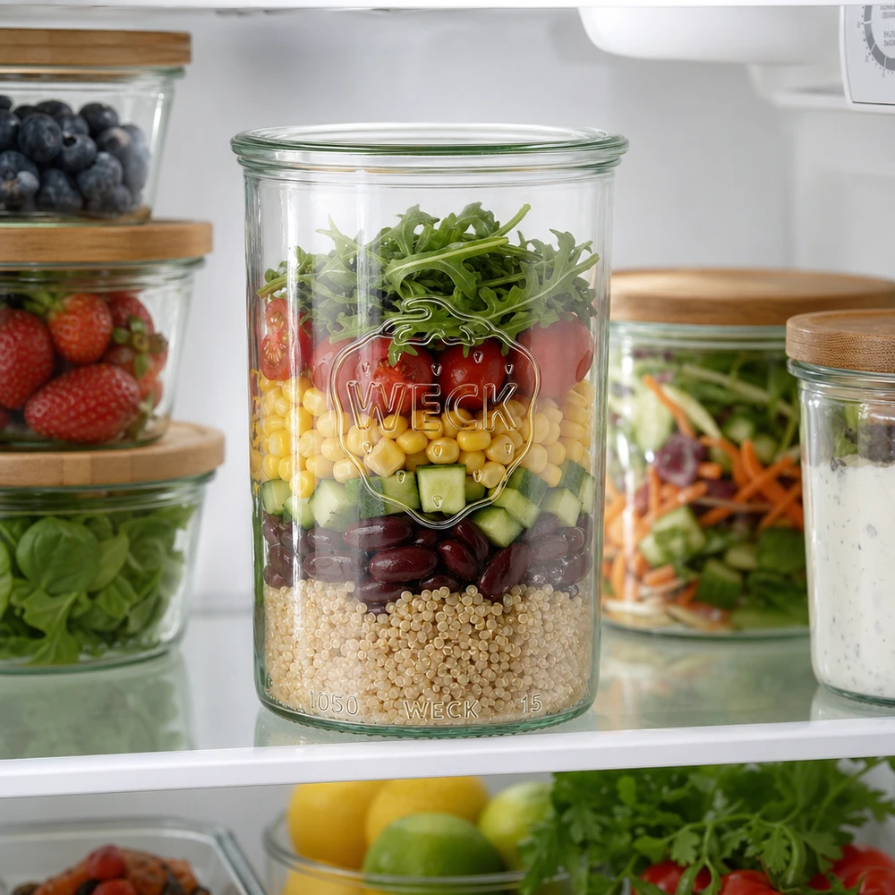 1000 ml burk WECK RR100 WECK Sturzglas 1000ml mit buntem Schichtsalat im Kühlschrank - perfekt für Meal Prep und stylische Aufbewahrung
