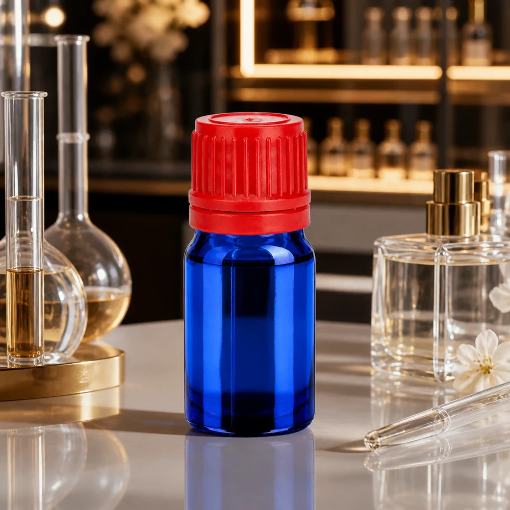 5 ml flaska 11mm skruvkork röd med sabotageskydd BlueLine UT18/5 Högkvalitativ 5 ml laboratorieflaska av blått glas med exakt skruvgänga BlueLine UT18/5