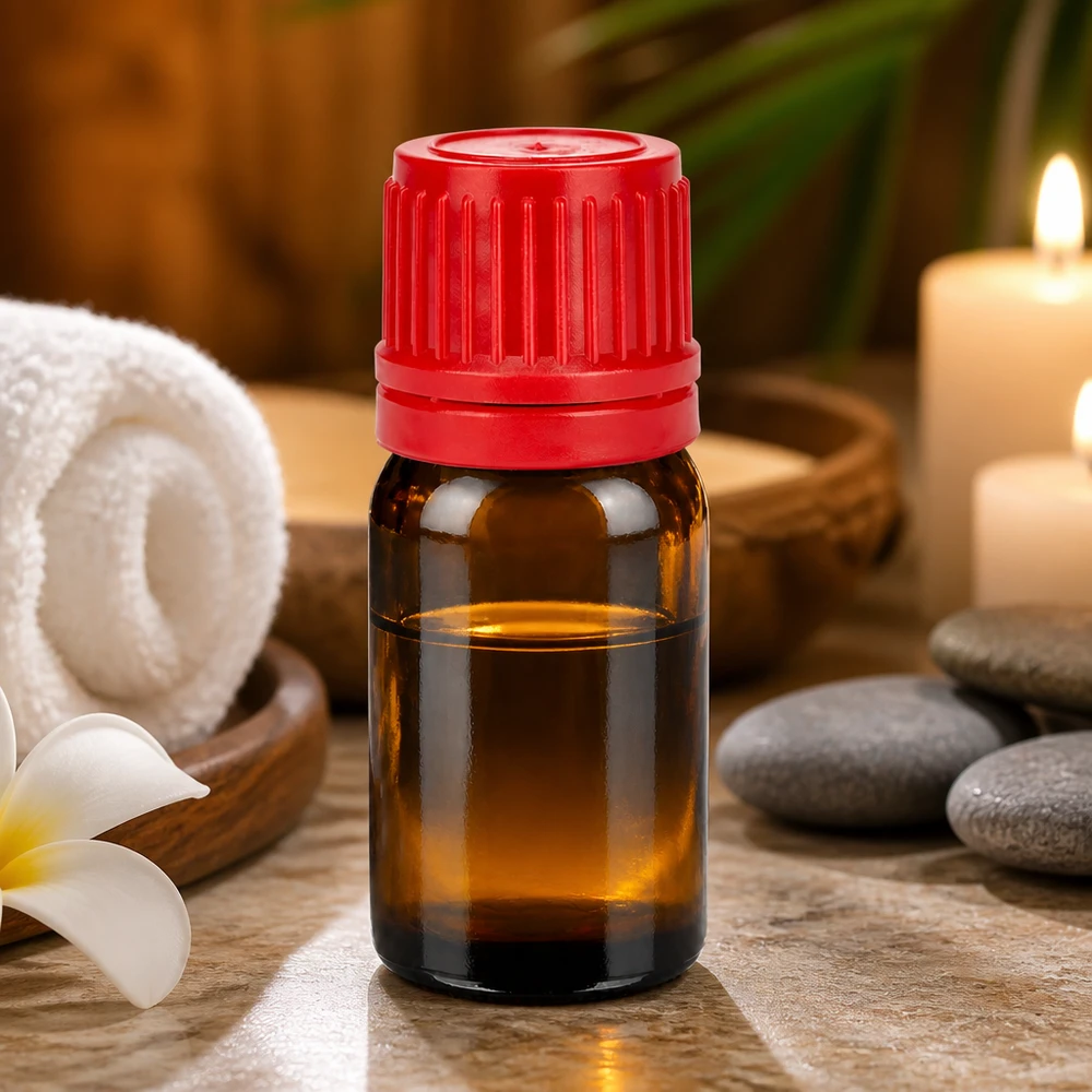 5 ml aromaterapiflaska i bärnstensfärgat glas med barnsäkert rött säkerhetslock