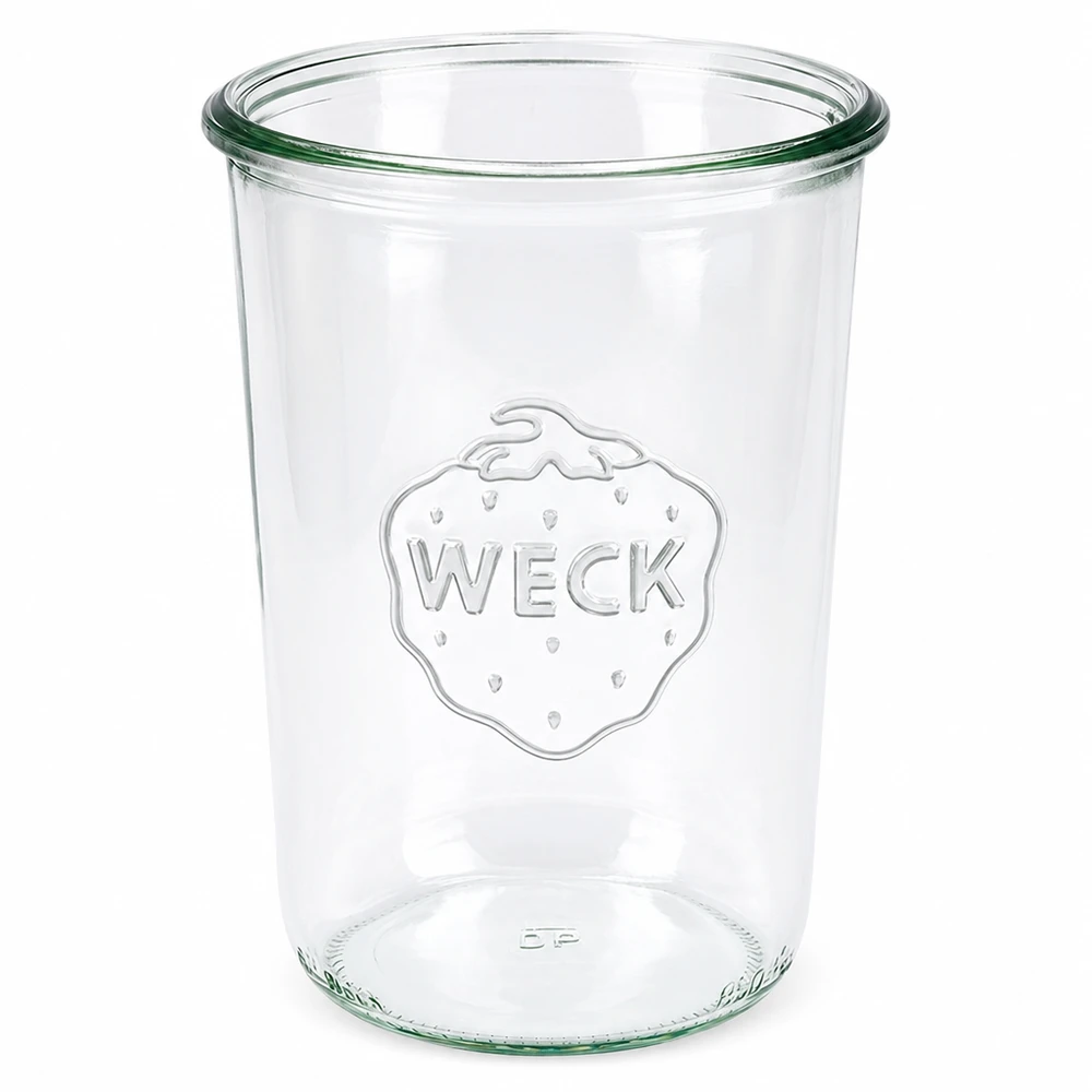 WECK dricksglas 850 ml RR100 av klarglas med graverad logotyp och grön kant för konservering och förvaring