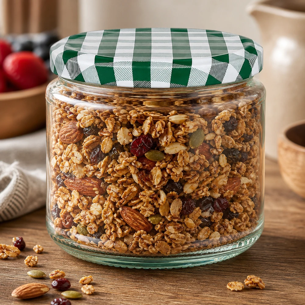330ml rund burk + BasicSeal lock grön/vit UNiTWIST Rundglas 330ml gefüllt mit Müsli und Nüssen, grün-weißer BasicSeal Deckel, perfekt für Vorratshaltung in der Küche
