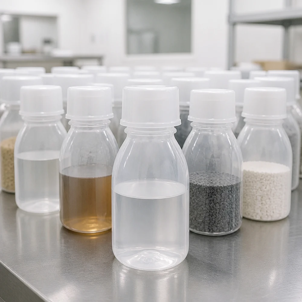 10ml skruvflaska, laboratorieflaska med smal hals Flera 10 ml skruvflaskor med smal hals och olika prover på ett bord av rostfritt stål i laboratoriet