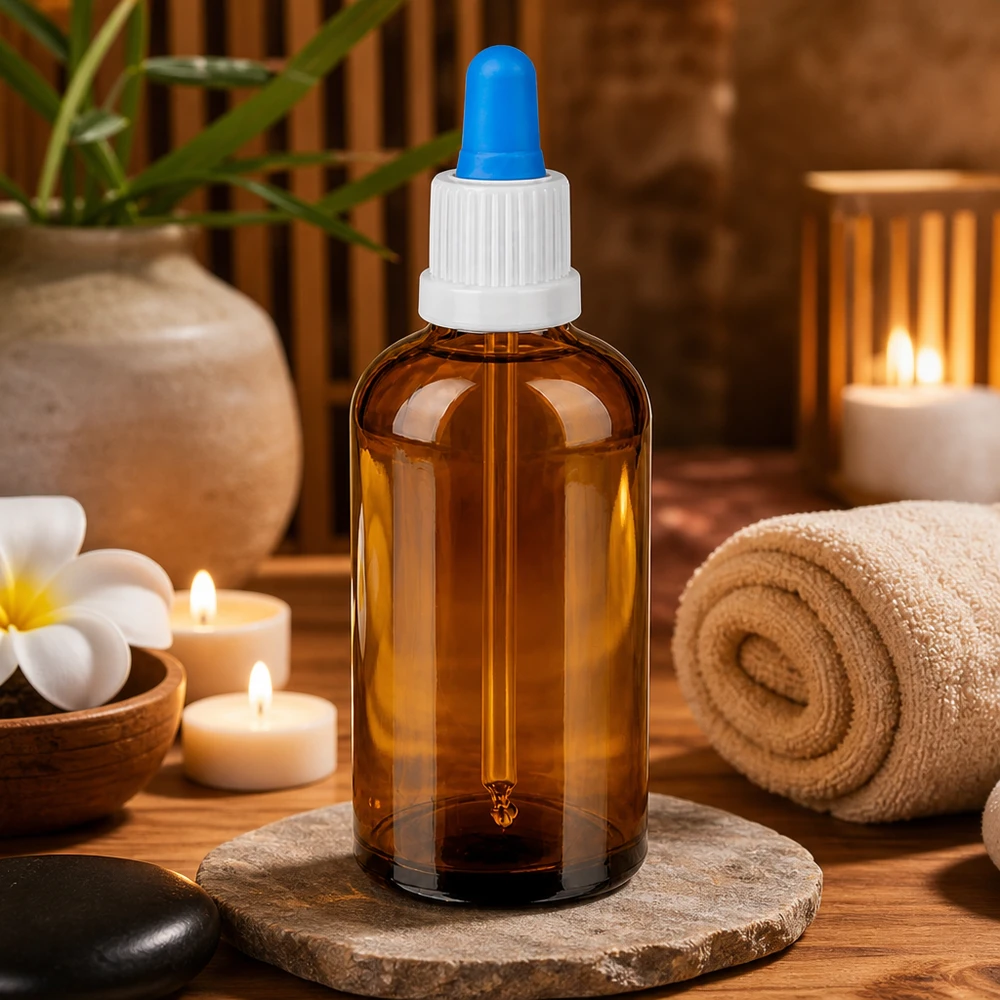 100 ml pipettflaska vit/blå med säkerhetsförslutning BrownLine UT18/100 100 ml apoteksflaska av brunt skyddsglas med droppipett för exakt dosering av vätska