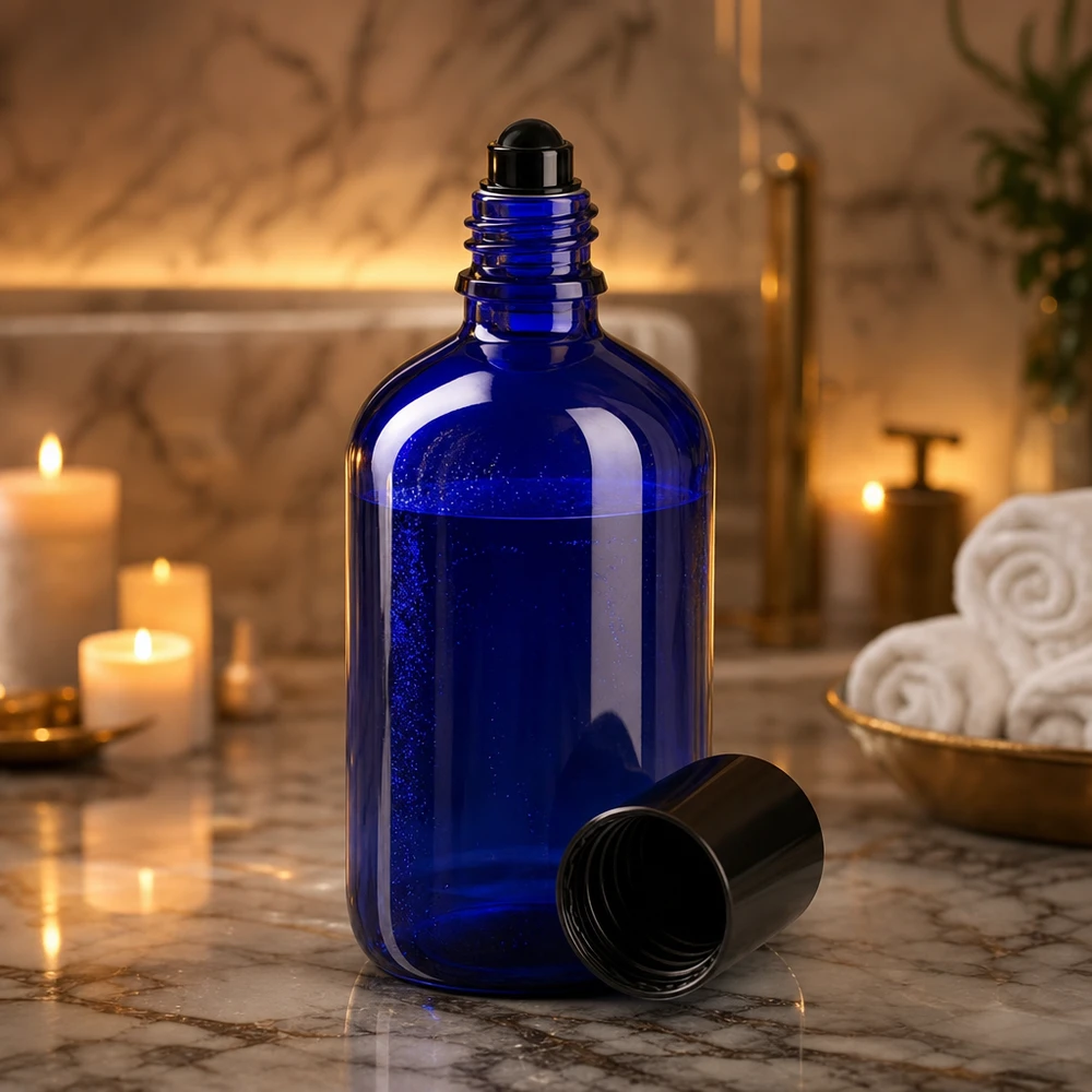Apoteksflaska blå 100ml roll-on lock svart Öppnad 100 ml roll-on-flaska i koboltblått med svart lock på marmorunderlag