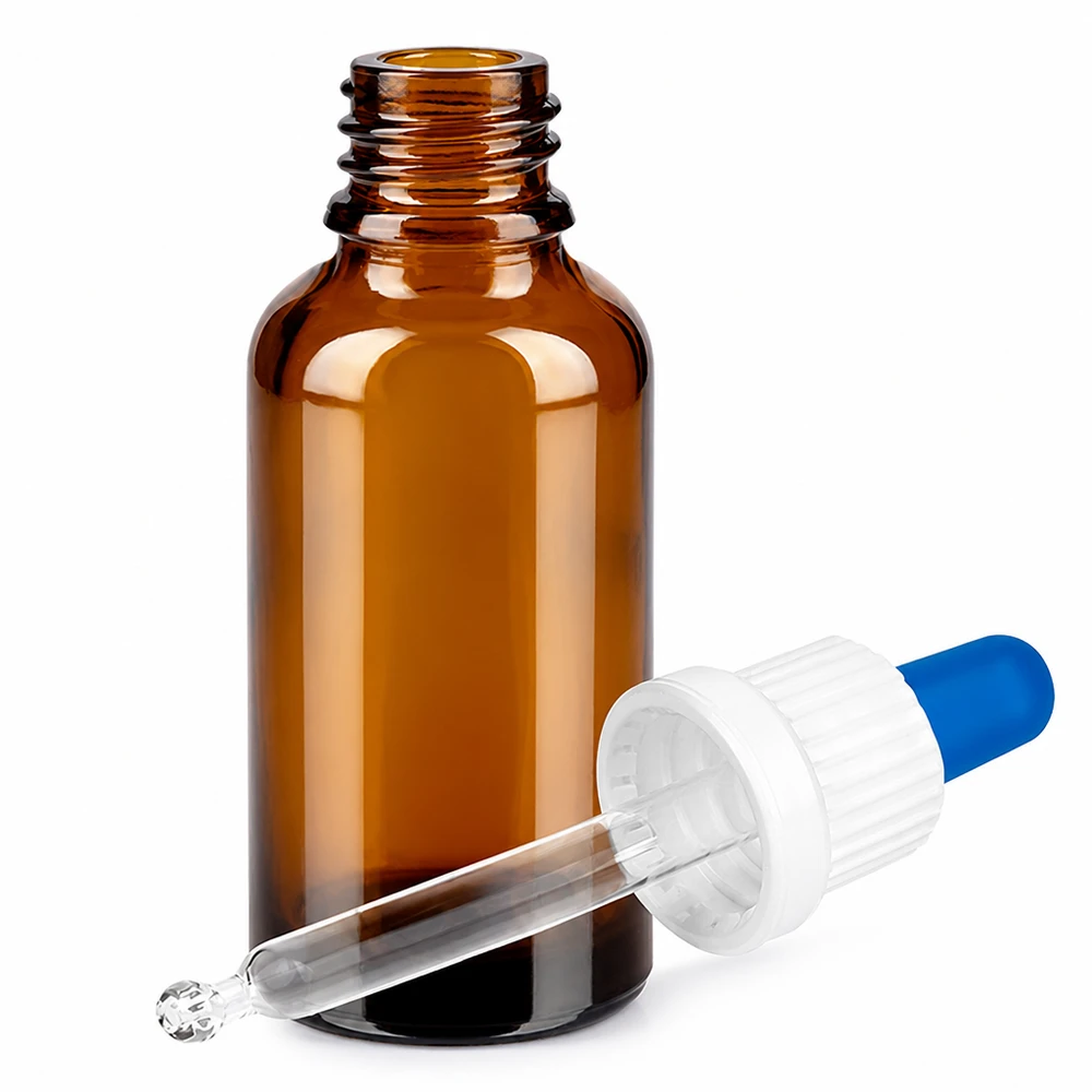 30 ml pipettflaska vit/blå med säkerhetsförslutning BrownLine UT18/30 Bärnstensfärgad 30 ml glasflaska med pipett - perfekt för eteriska oljor och serum