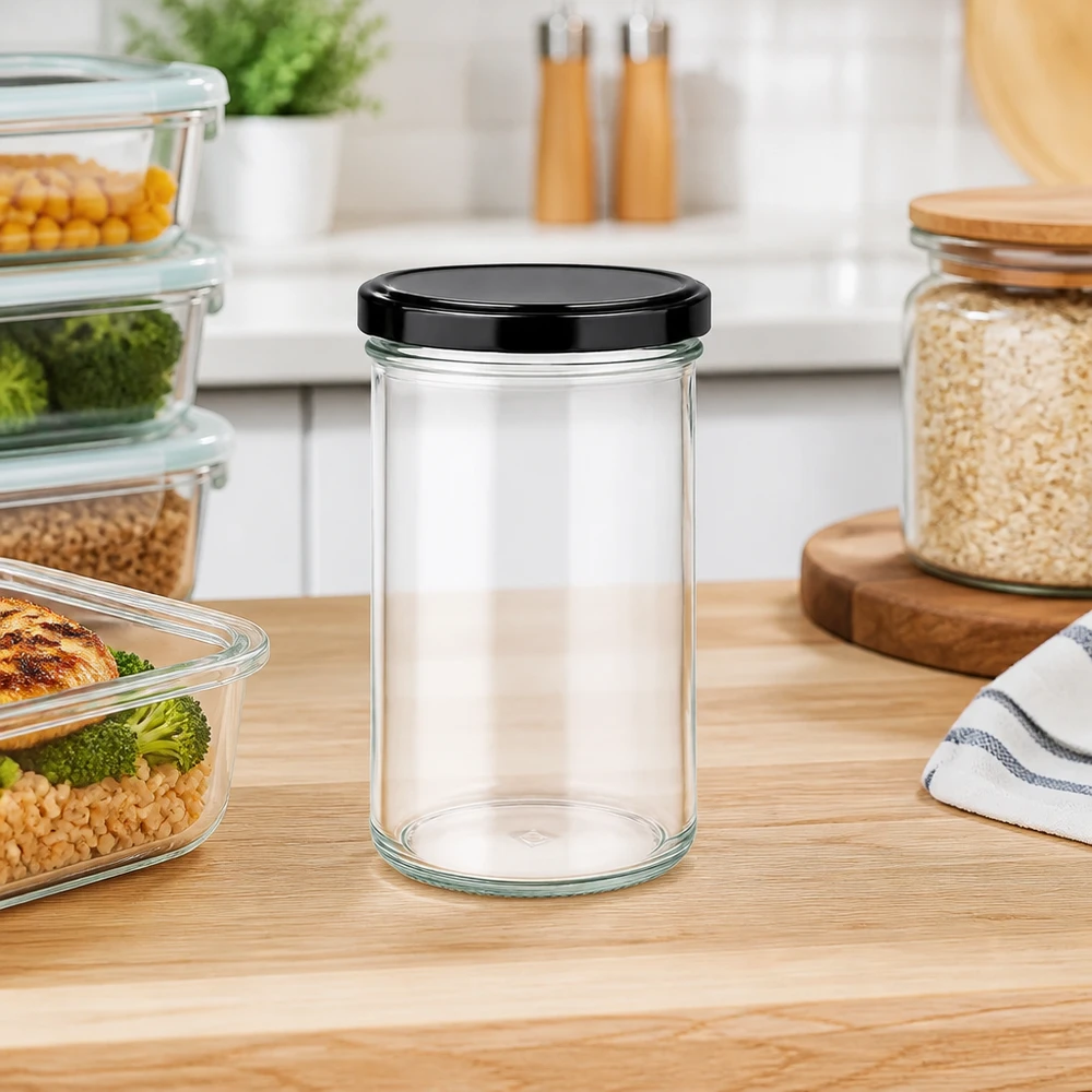 Muggar 277 ml med lock BasicSeal svart UNiTWIST 277ml Sturzglas in moderner Küche als Vorratsglas für Lebensmittel neben Meal-Prep-Behältern auf Holzarbeitsplatte