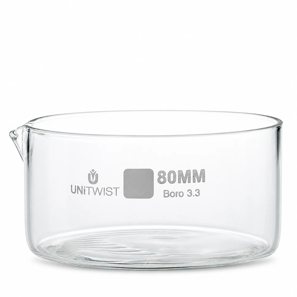Kristallisationskärl ø80 mm, borosilikatglas UNiTWIST Kristalliseringsskål 80 mm av klart borosilikatglas 3.3 från UNiTWIST med uthällningsöppning
