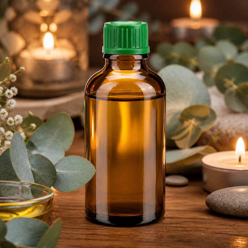 Liten 50 ml apoteksflaska av brunt glas med grönt lock för eteriska oljor