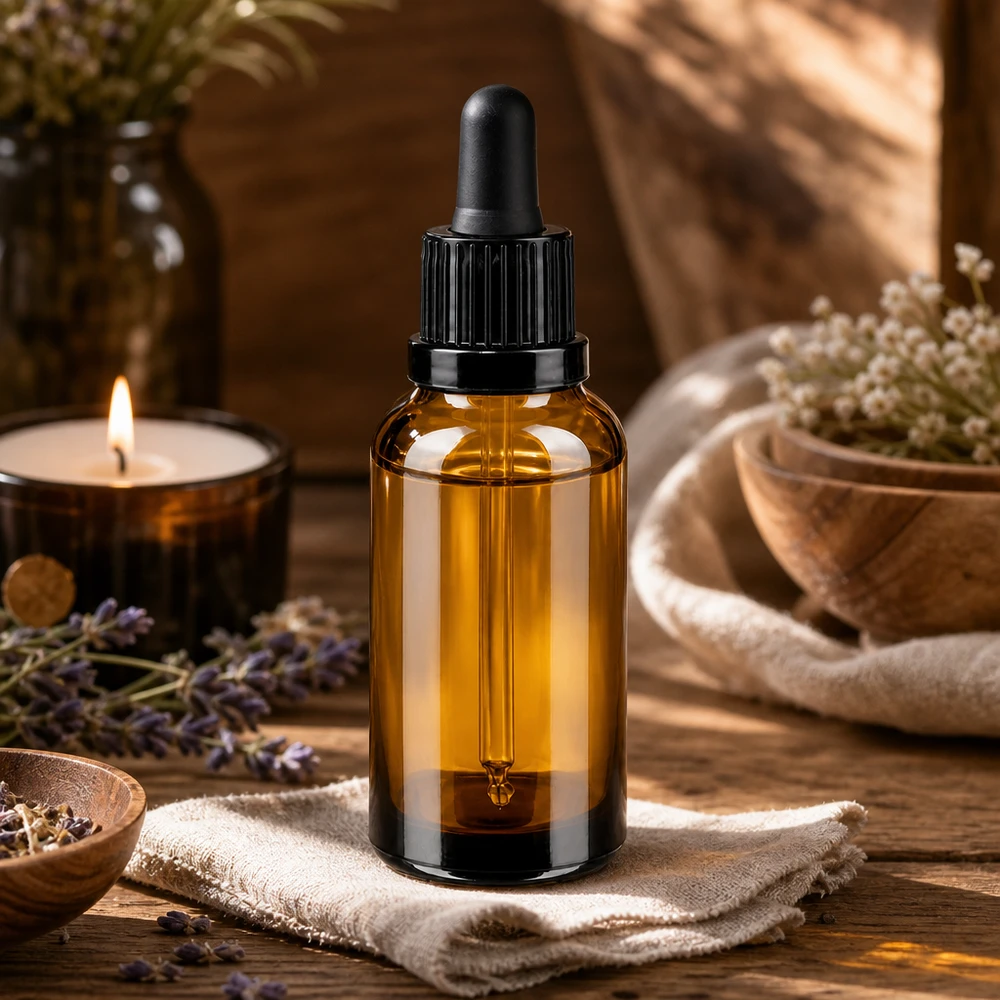 Elegant 30 ml pipettflaska i bärnstensfärgat glas med svart droppare för naturlig hudvård