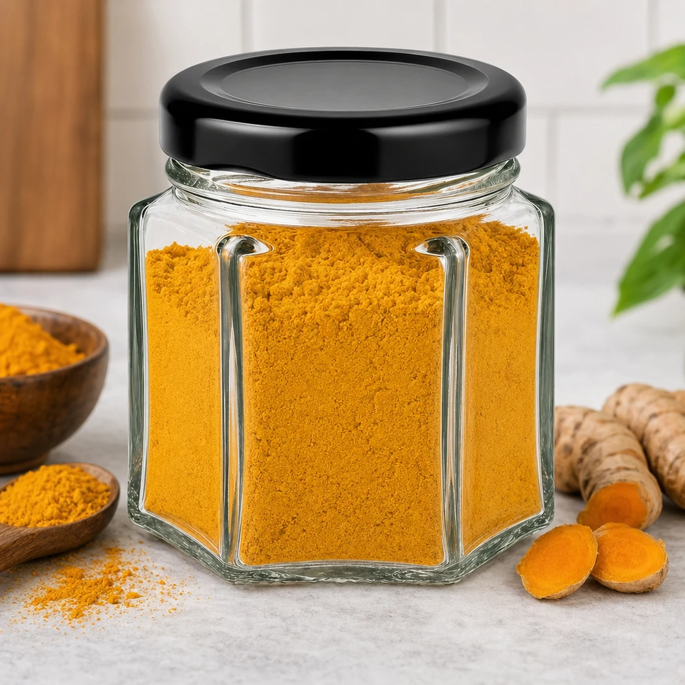 47 ml hexa burk med lock BasicSeal svart UNiTWIST 47ml Hexaglas mit schwarzem Deckel gefüllt mit Kurkuma-Pulver neben frischen Kurkuma-Wurzeln in Küchenambiente