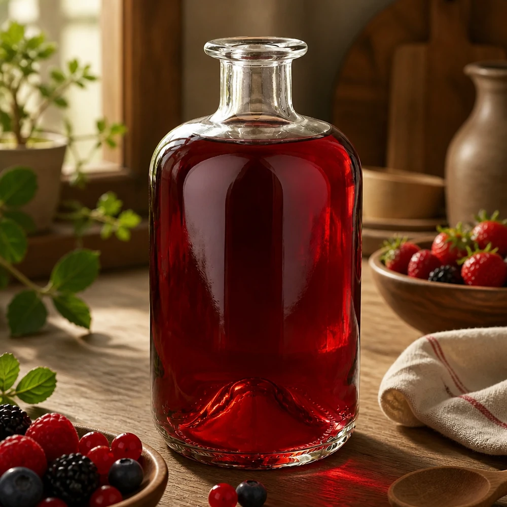 500 ml apoteksflaska 500ml Glasflasche "Luna" ohne Verschluss UNiTWIST500ml Glasflasche "Luna" ohne Verschluss UNiTWIST utan lock UNiTWIST® Glasflaska Luna 500ml fylld med rödbärsjuice mellan färska bär på ett rustikt träbord som dekorativ inspiration.