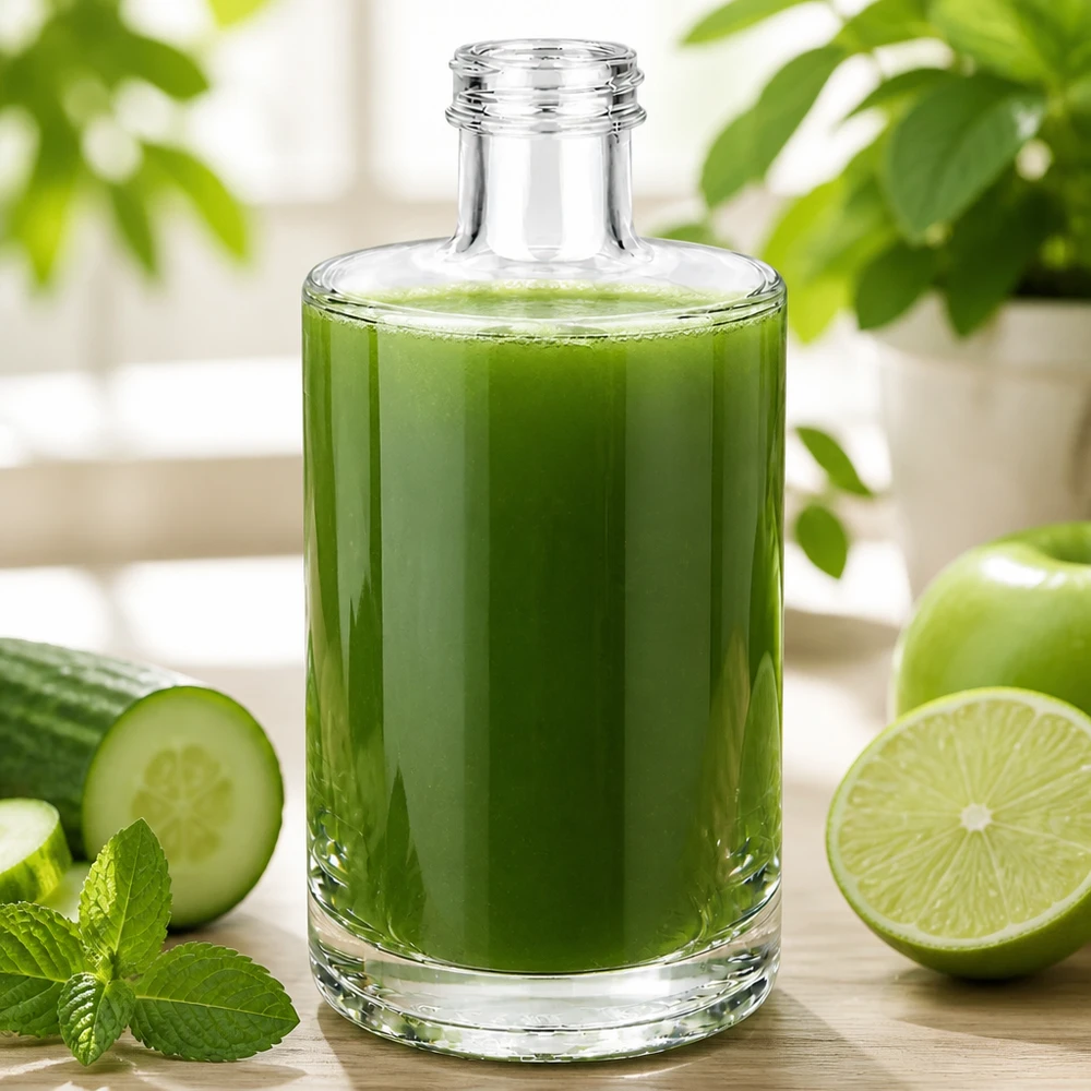 375 ml glasflaska Sam fylld med grön smoothie bredvid gurka, lime och mynta på en bakgrund av ljust trä