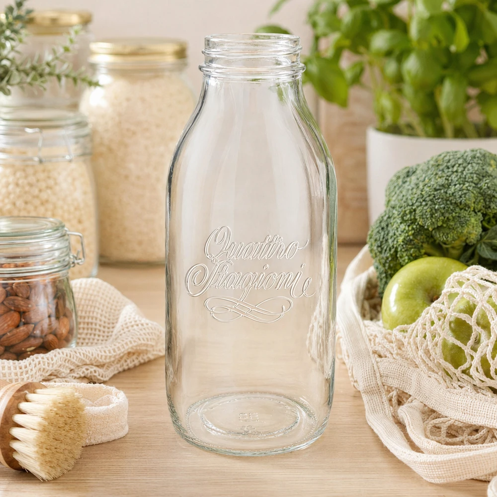 1000 ml Quattro Stagioni glasflaska med vid mynning och graverad text på träbord bredvid färsk mat