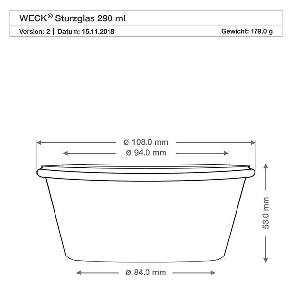 290ml Krossad glasögonburk WECK RR100 med naturkork Teknisk ritning WECK dricksglas 290ml RR100 med måtten Diameter 108mm Höjd 53mm Vikt 179g
