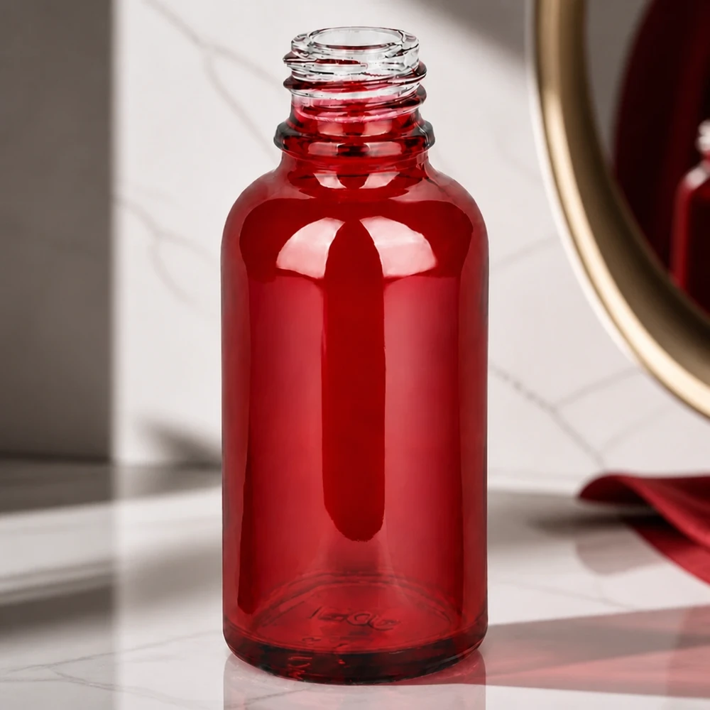 Elegant röd apoteksflaska RedLine UT18/30 UNiTWIST 30ml med blank glasyta