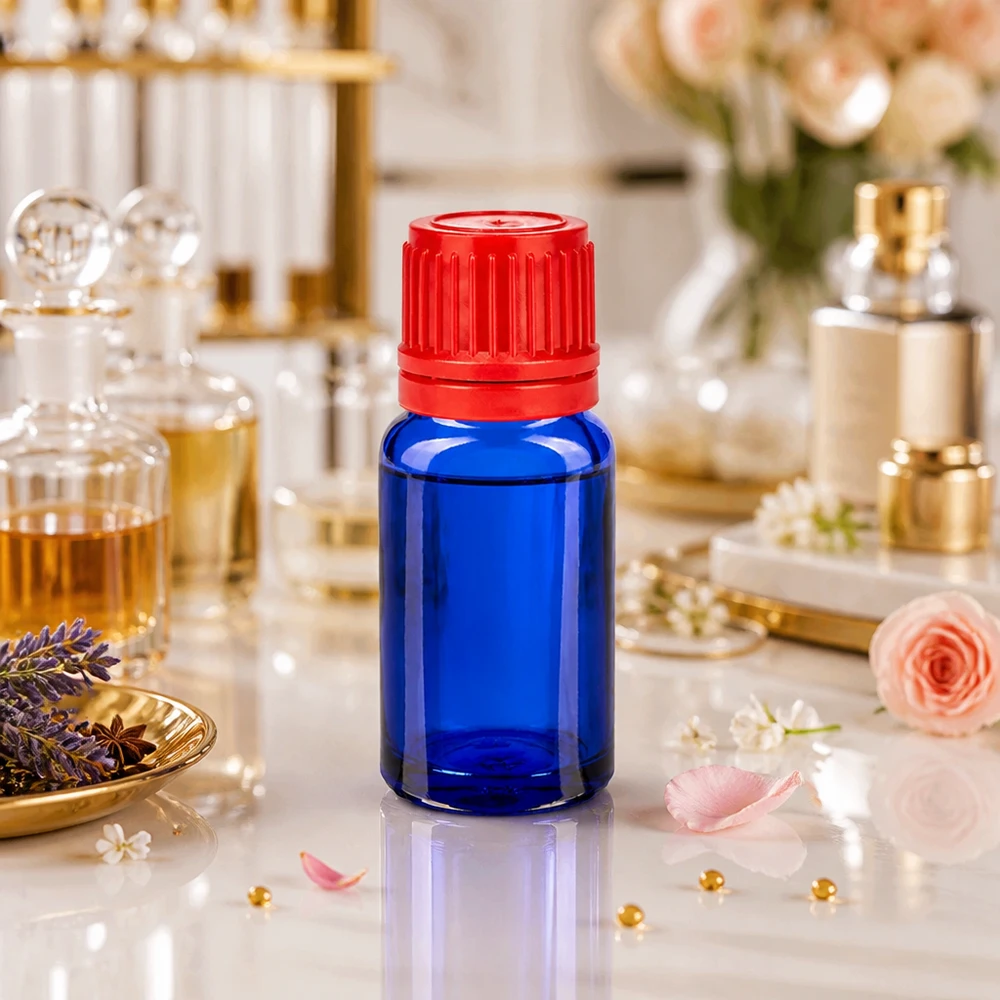 10 ml BlueLine-glasflaska med 11 mm rött lock, idealisk för parfymoljor och essenser