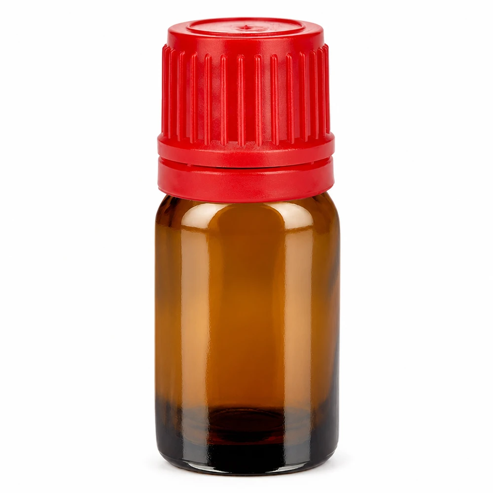 5ml flaska 11mm skruvkork röd sabotagesäker kapsyl BrownLine UT18/5 5 ml bärnstensfärgad glasflaska med rött lock för eteriska oljor och aromaterapi