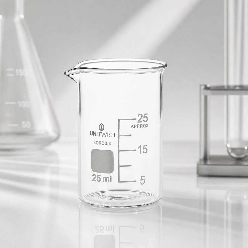 Bägare 25ml borosilikat, lågformad UNiTWIST Tomt, genomskinligt bägarglas, 25 ml, låg form, borosilikatglas 3.3 från UNiTWIST på en vit laboratorieyta
