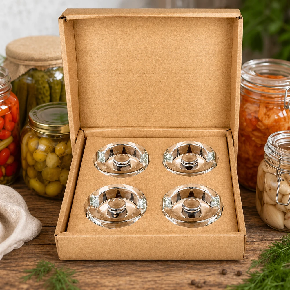 Glasvikter för jäsning med handtag, 4-pack UNiTWIST Fyra UNiTWIST-vikter för fermenteringsburkar med handtag i presentförpackning bredvid inlagda grönsaker och konserveringsburkar