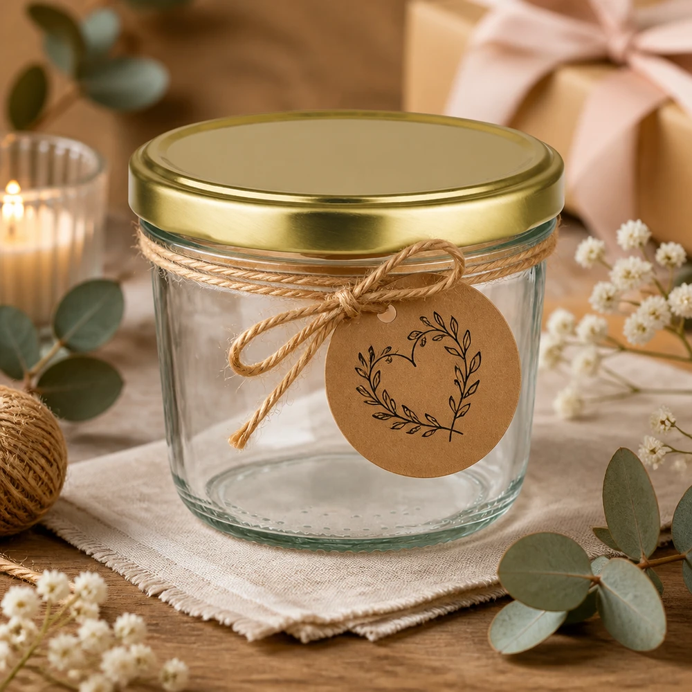 230ml Krossade glasögon med BasicSeal lock guld UNiTWIST 230 ml BasicSeal UNiTWIST-glas i guld, dekorativt arrangerade med presentband och kraftpappersetikett