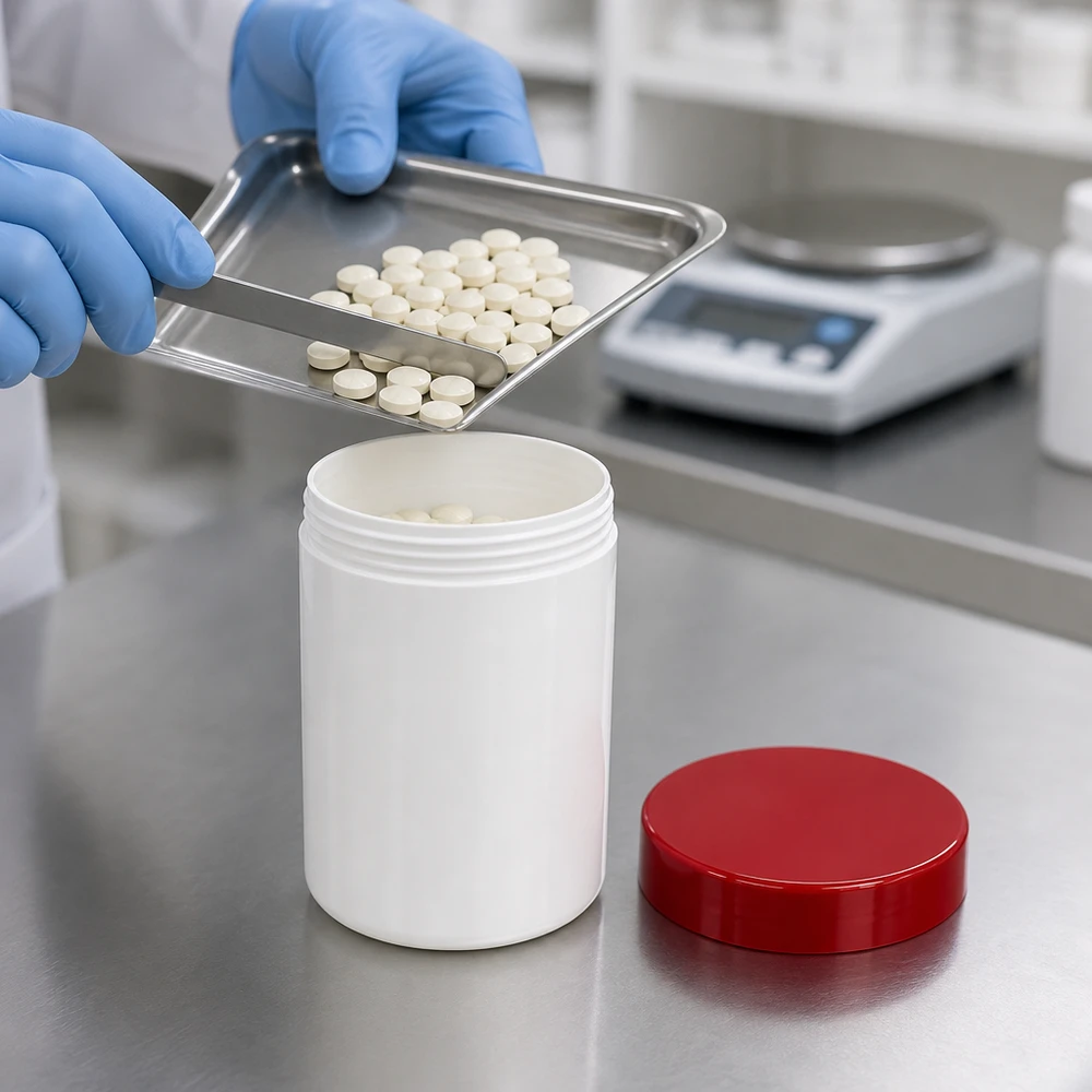 Farmaceutisk förpackning av tabletter i en vit salvorburk på 150 g med rött PP-skruvlock