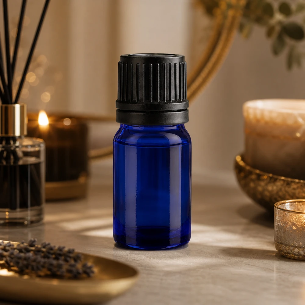 Kompakt 5 ml glasflaska med halkfritt svart ribbat lock för säker hantering