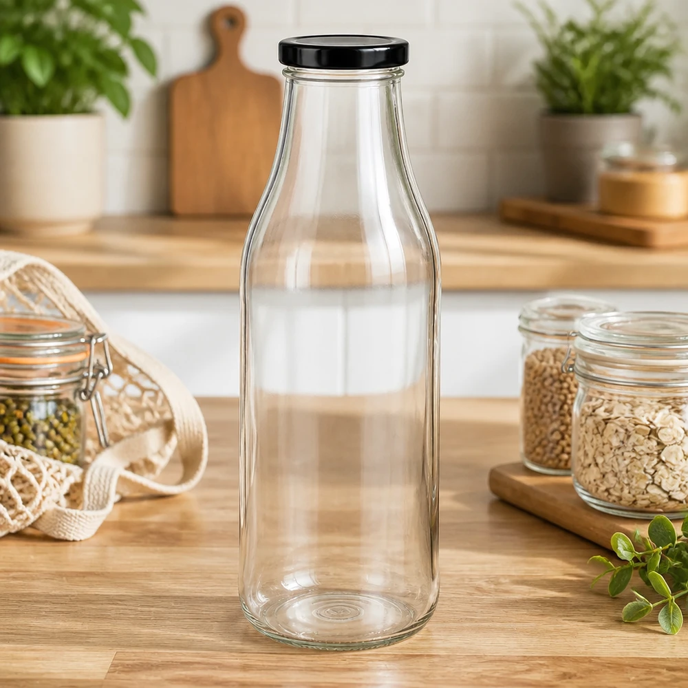 1000 ml glasflaska + BasicSeal-lock svart UNiTWIST 1000ml Glasflasche mit schwarzem Deckel in Zero-Waste Küche zwischen Vorratsgläsern und nachhaltigen Utensilien