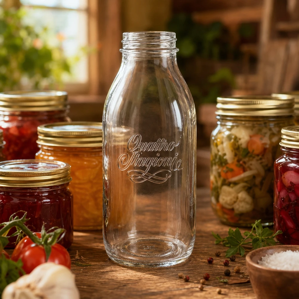 1000 ml glasflaska "Quattro Stagioni" QS56mm 1000 ml Quattro Stagioni-glasflaska med vid mynning för konservering och inläggning av mat på ett träbord