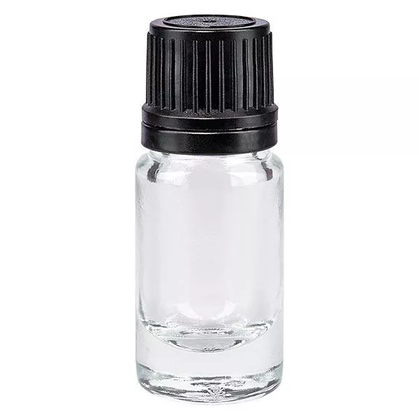 Apoteksflaska klar 5 ml skruvkork svart hällring manipuleringssäker förslutning Apoteksflaska klar 5 ml skruvkork svart hällring manipuleringssäker förslutning